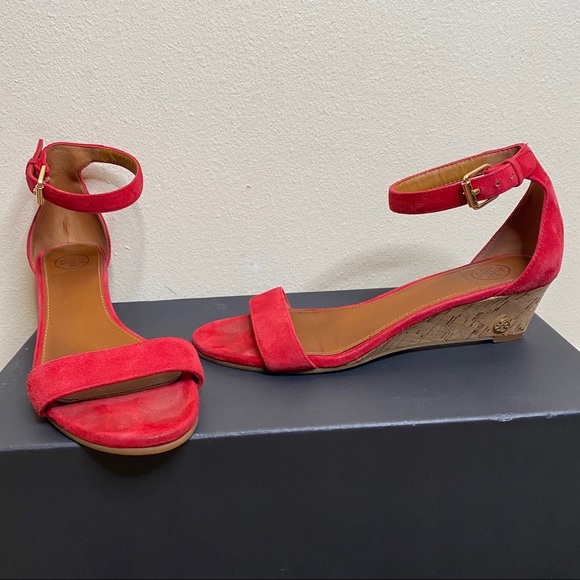 Tory Burch Savannah Wedge Red Suede Sandal Size 8 - Picture 4 of 10